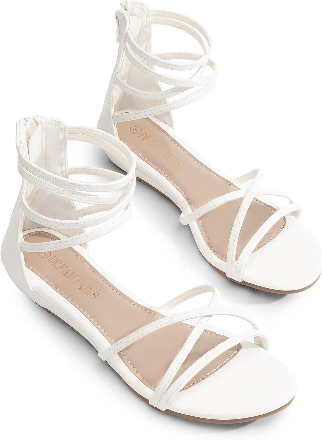 imageDREAM PAIRS Womens Ankle Strap Flat Sandals Summer Dressy Strappy Gladiator Rhinestones SandalsWhitePu