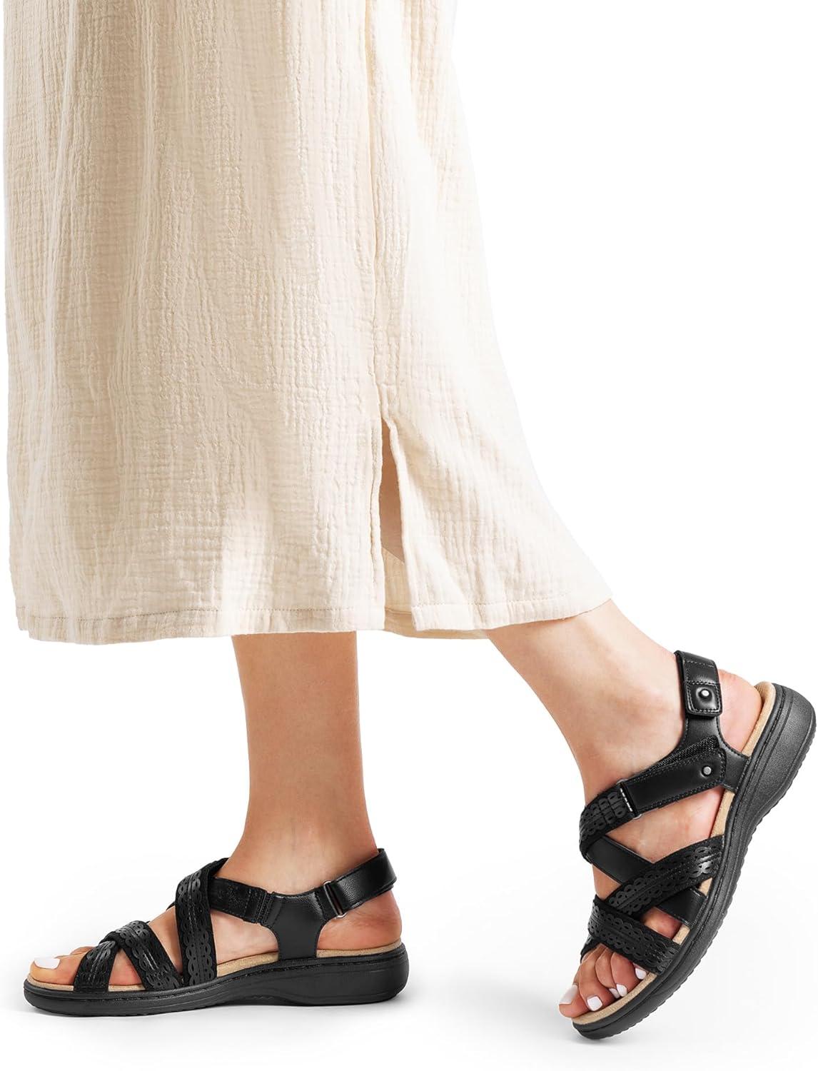 imageDREAM PAIRS Womens Arch Support Sandals Comfortable Open Toe Dress Flats Walking Sandals For SummerBlack