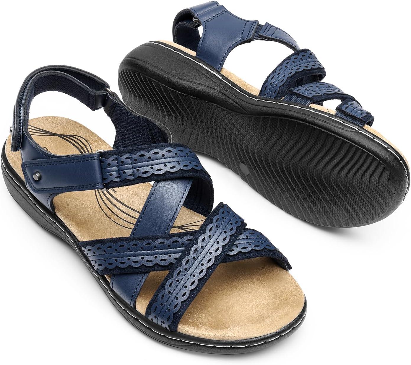 imageDREAM PAIRS Womens Arch Support Sandals Comfortable Open Toe Dress Flats Walking Sandals For SummerNavy