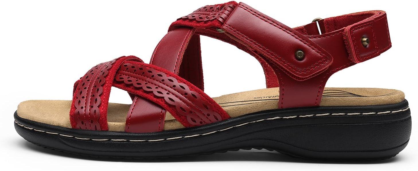 imageDREAM PAIRS Womens Arch Support Sandals Comfortable Open Toe Dress Flats Walking Sandals For SummerRed