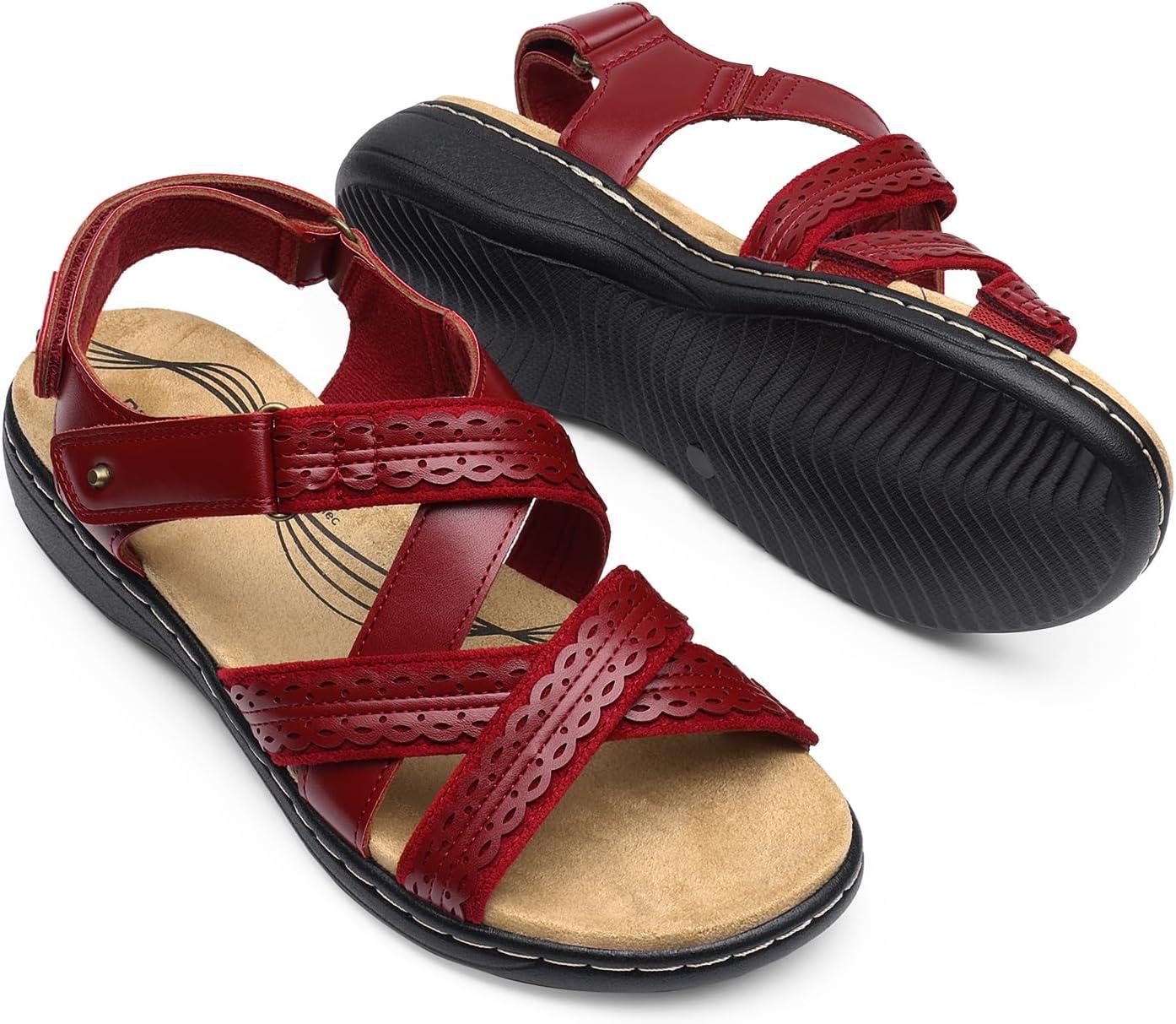 imageDREAM PAIRS Womens Arch Support Sandals Comfortable Open Toe Dress Flats Walking Sandals For SummerRed