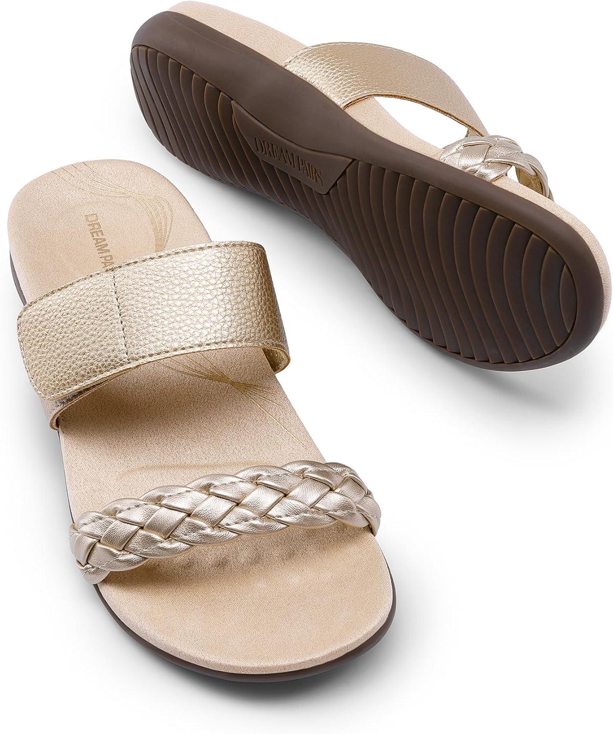 imageDREAM PAIRS Womens Arch Support Slides Flat Sandals Soft Cushion Slippers With Adjustable StrapsGold