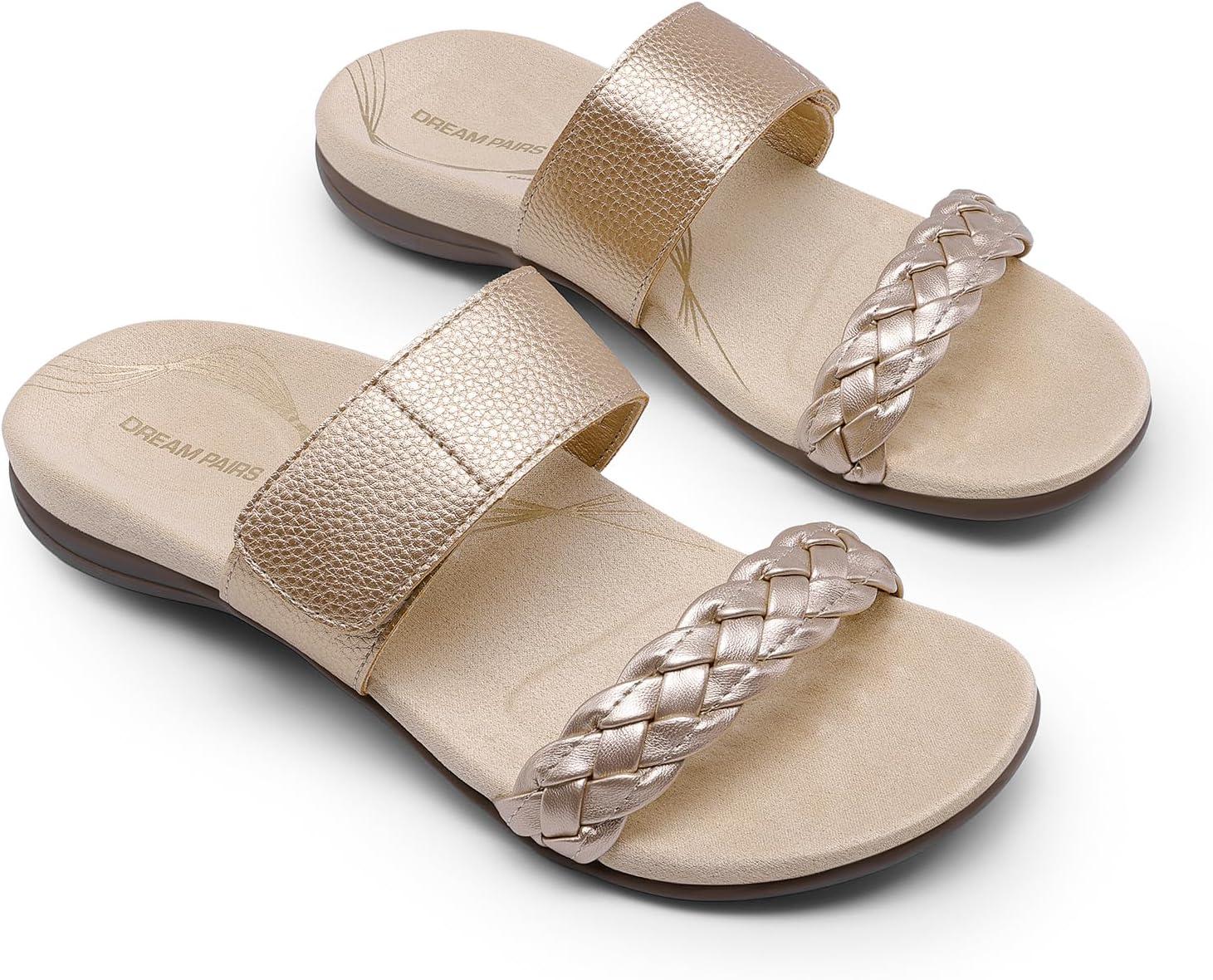 imageDREAM PAIRS Womens Arch Support Slides Flat Sandals Soft Cushion Slippers With Adjustable StrapsGold