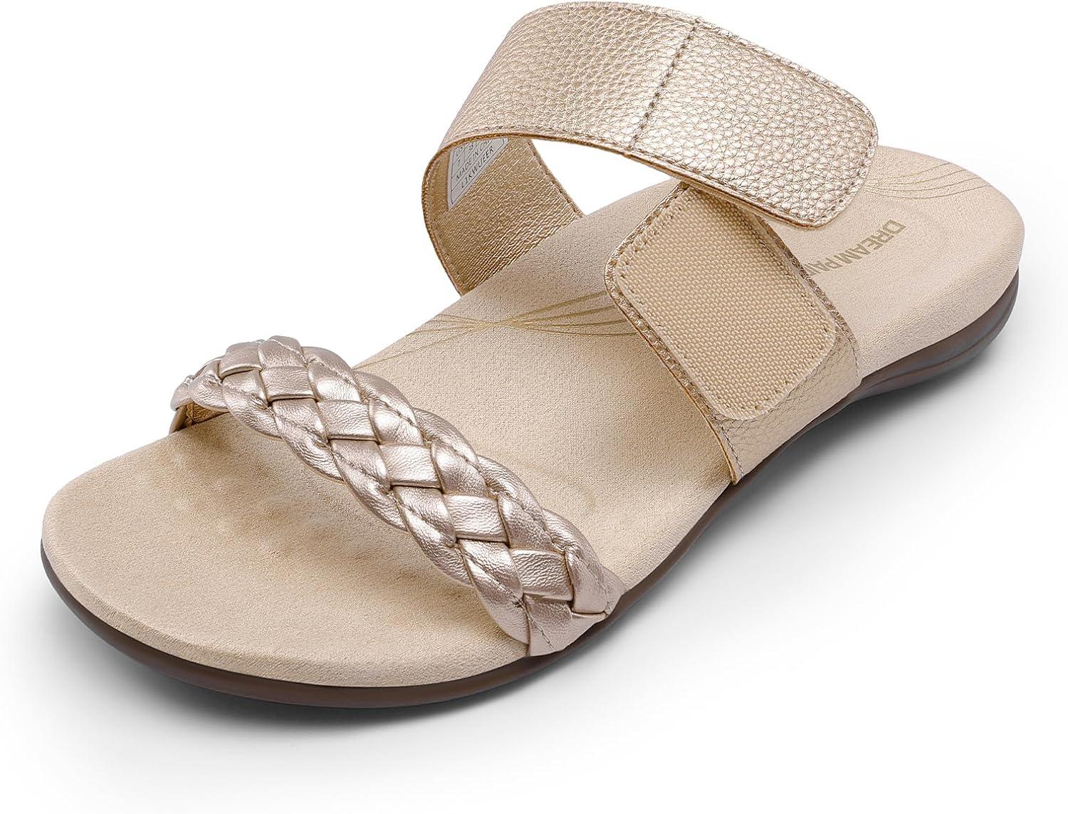 imageDREAM PAIRS Womens Arch Support Slides Flat Sandals Soft Cushion Slippers With Adjustable StrapsGold