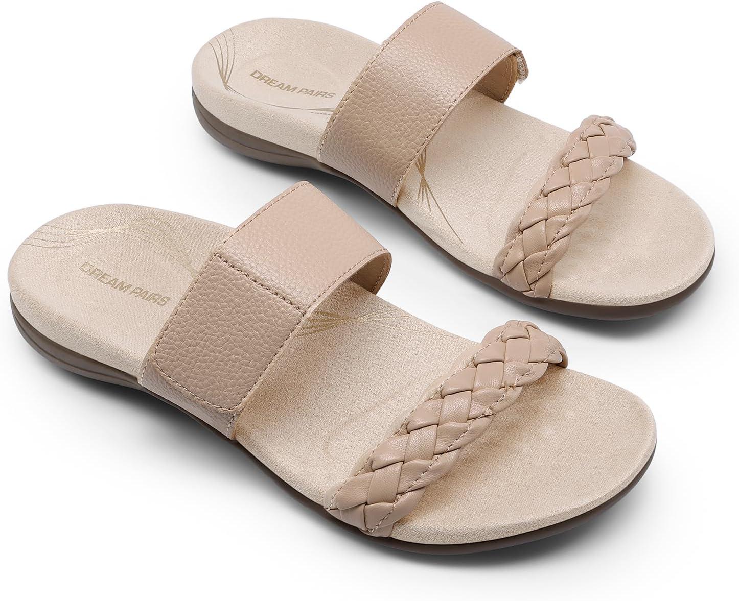 imageDREAM PAIRS Womens Arch Support Slides Flat Sandals Soft Cushion Slippers With Adjustable StrapsNude
