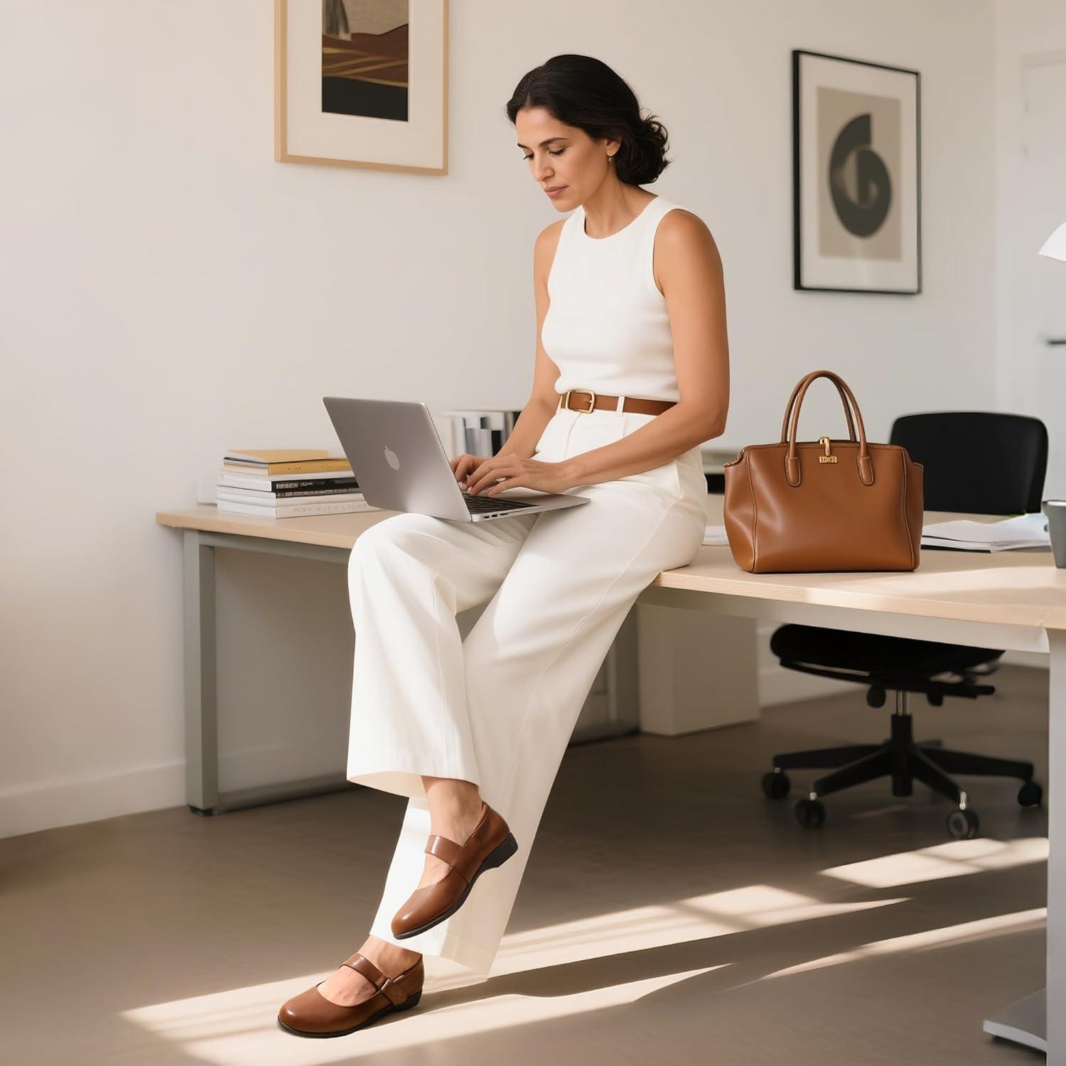 imageDREAM PAIRS Womens Ballet Mary Jane Flats Comfortable Business Office Dress Shoes for Women Dressy and Work with Ankle StrapBrown