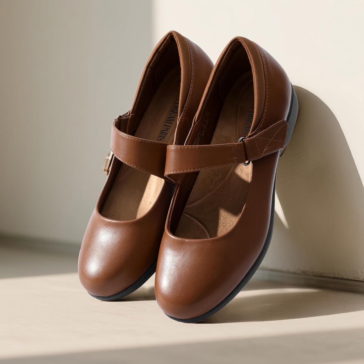 imageDREAM PAIRS Womens Ballet Mary Jane Flats Comfortable Business Office Dress Shoes for Women Dressy and Work with Ankle StrapBrown