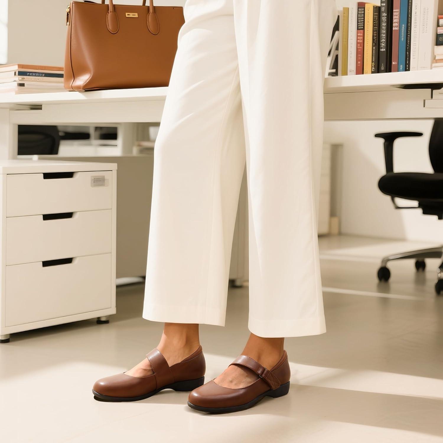 imageDREAM PAIRS Womens Ballet Mary Jane Flats Comfortable Business Office Dress Shoes for Women Dressy and Work with Ankle StrapBrown