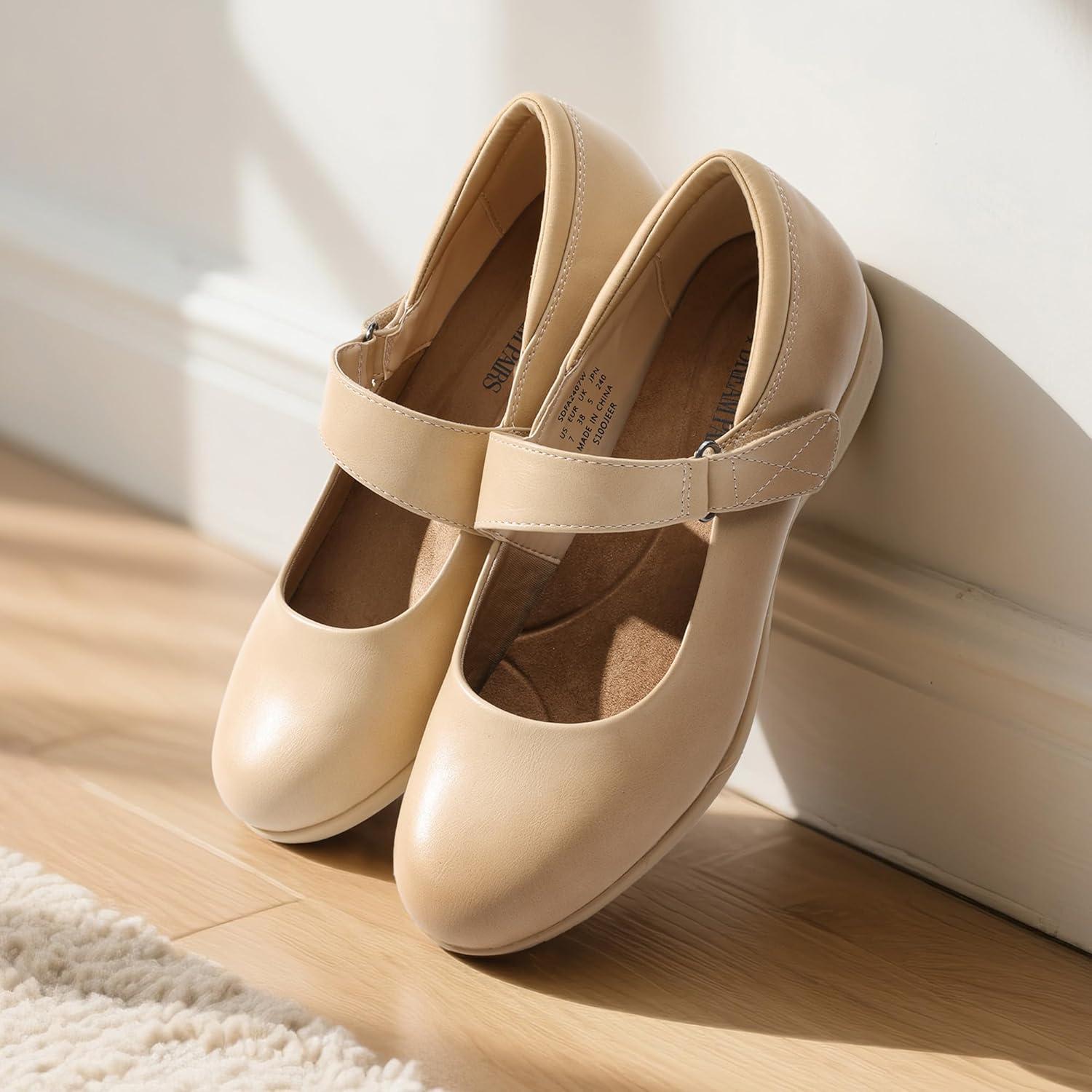imageDREAM PAIRS Womens Ballet Mary Jane Flats Comfortable Business Office Dress Shoes for Women Dressy and Work with Ankle StrapNude