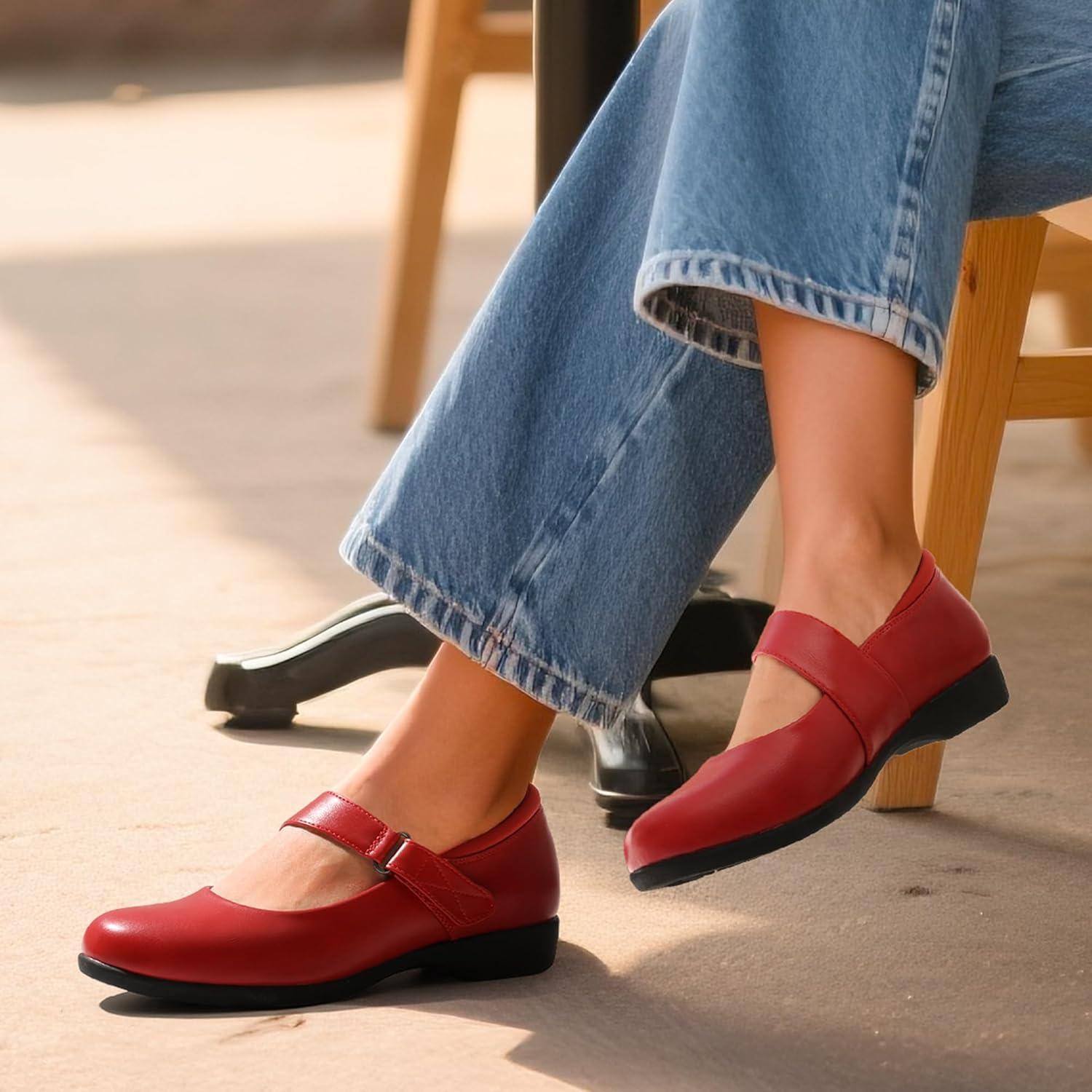 imageDREAM PAIRS Womens Ballet Mary Jane Flats Comfortable Business Office Dress Shoes for Women Dressy and Work with Ankle StrapRed