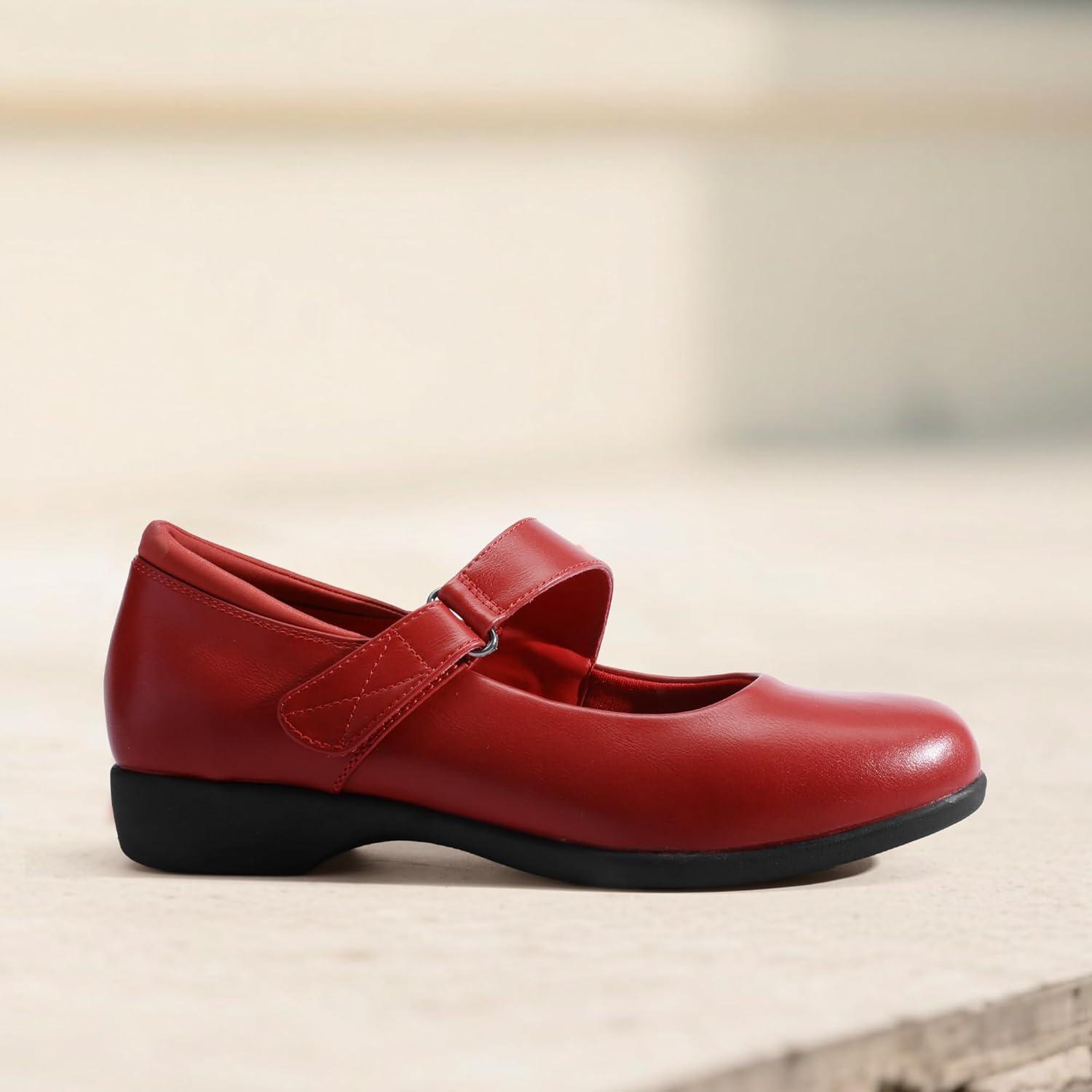 imageDREAM PAIRS Womens Ballet Mary Jane Flats Comfortable Business Office Dress Shoes for Women Dressy and Work with Ankle StrapRed