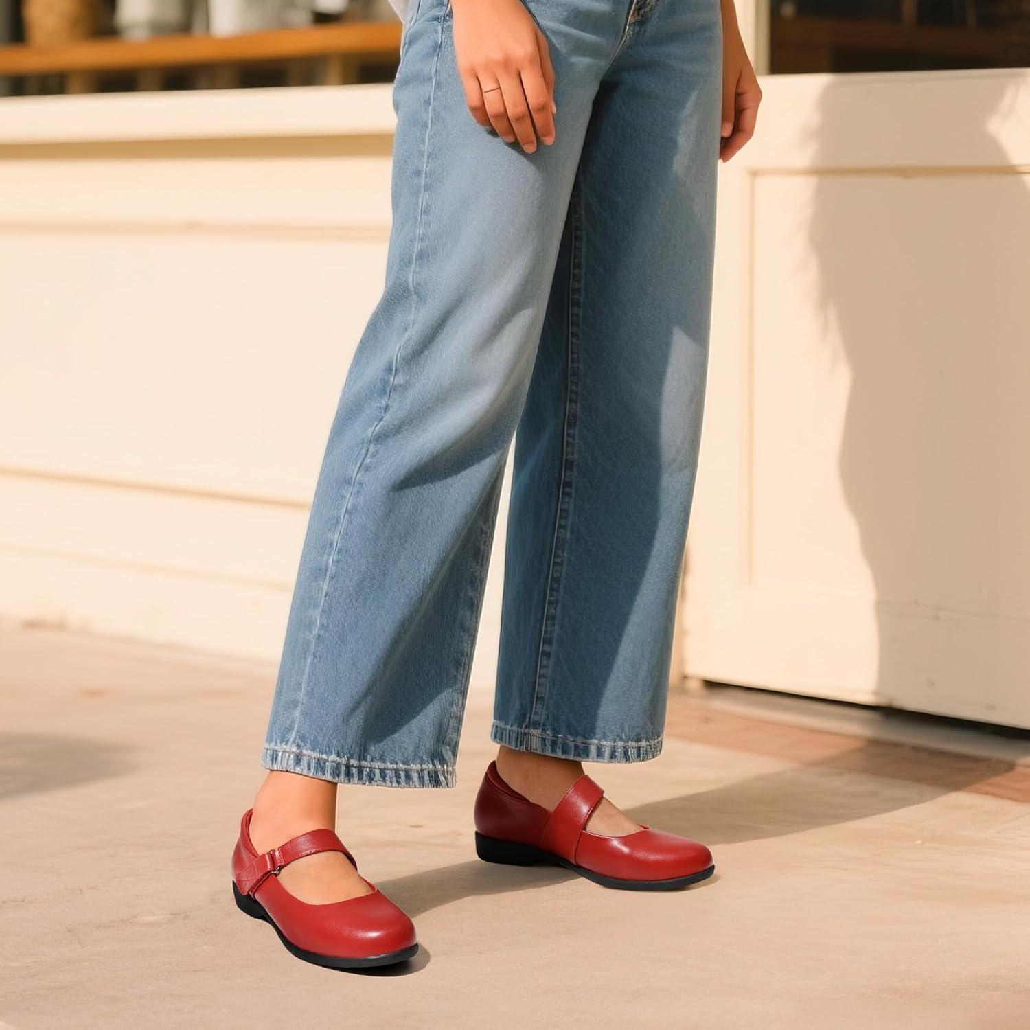 imageDREAM PAIRS Womens Ballet Mary Jane Flats Comfortable Business Office Dress Shoes for Women Dressy and Work with Ankle StrapRed
