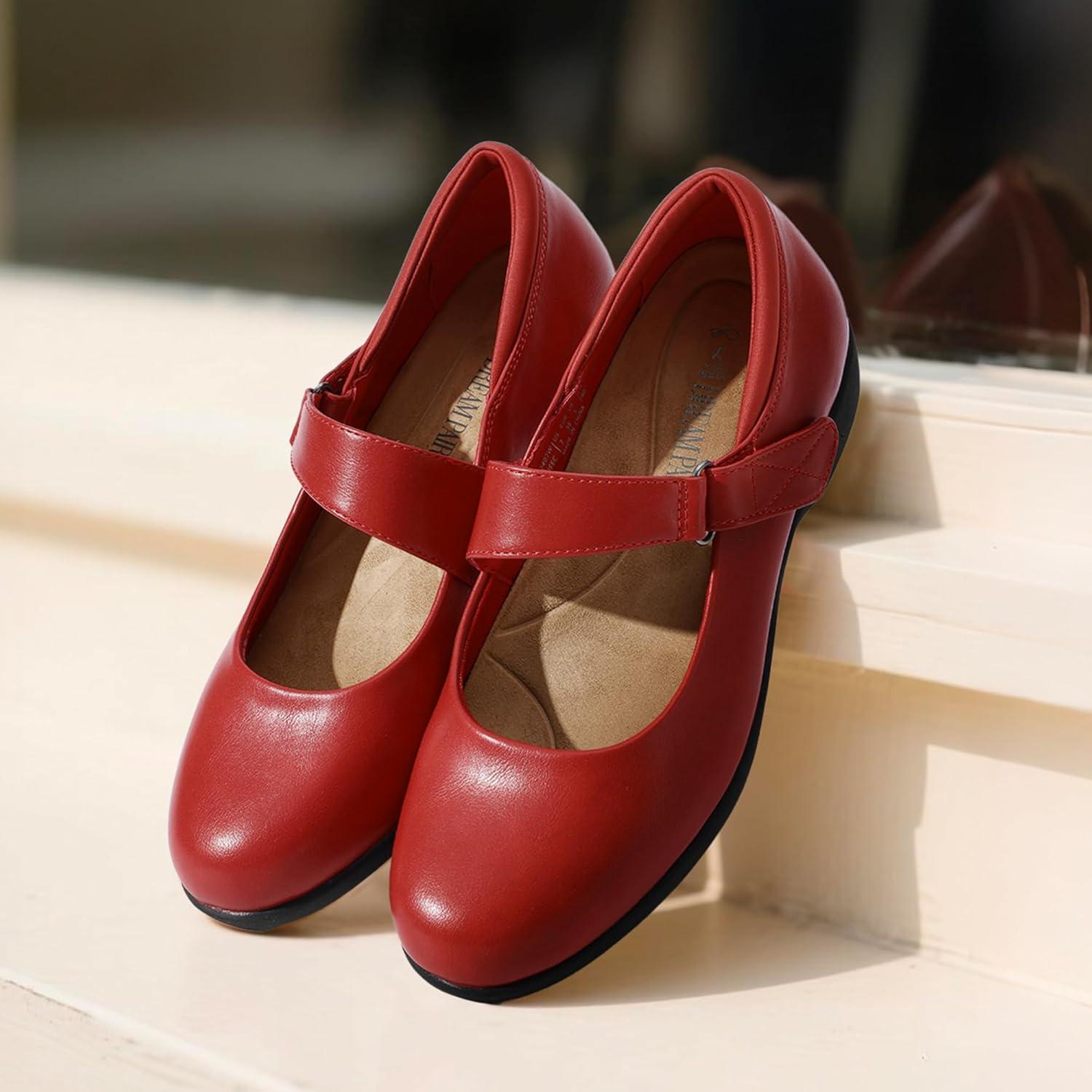 imageDREAM PAIRS Womens Ballet Mary Jane Flats Comfortable Business Office Dress Shoes for Women Dressy and Work with Ankle StrapRed