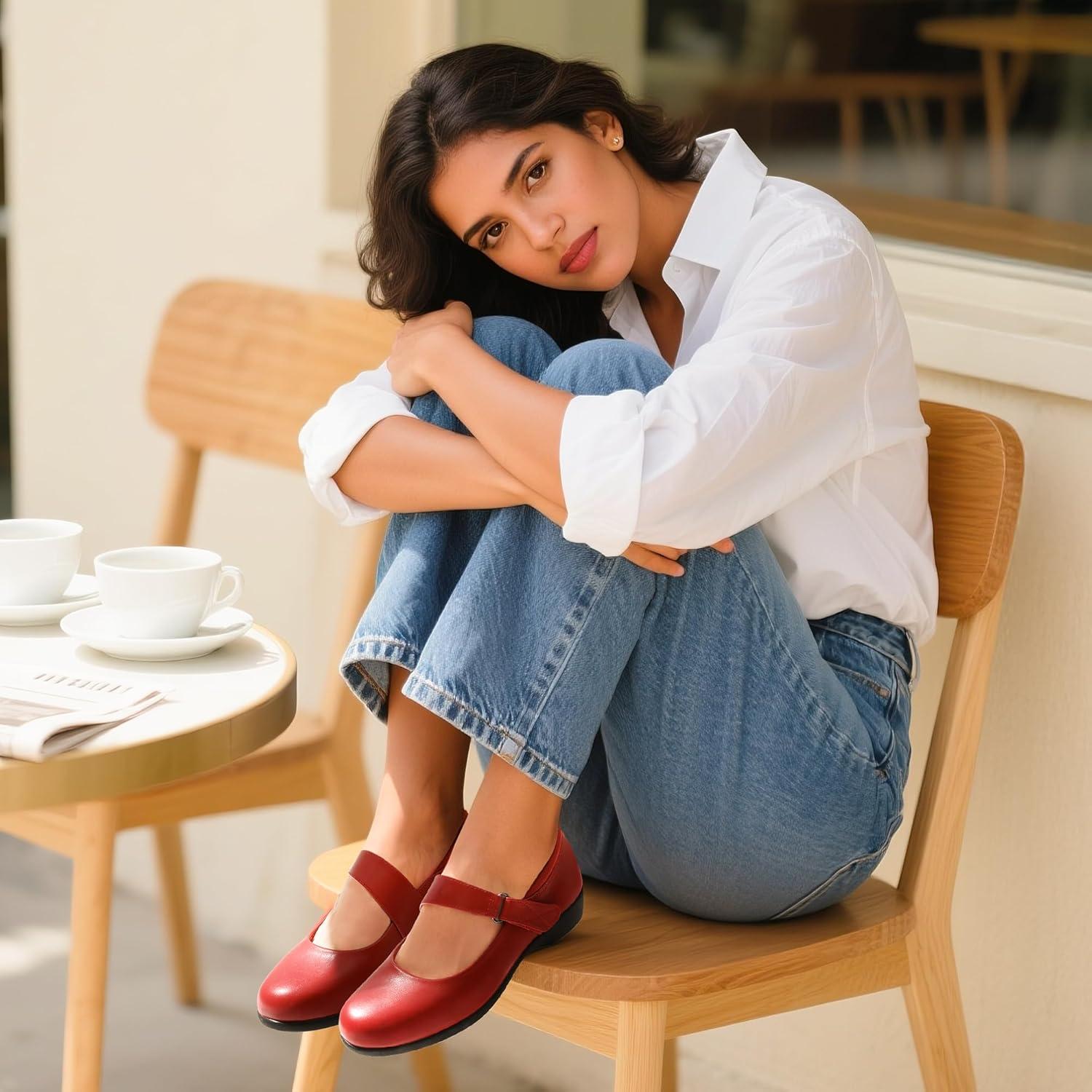 imageDREAM PAIRS Womens Ballet Mary Jane Flats Comfortable Business Office Dress Shoes for Women Dressy and Work with Ankle StrapRed