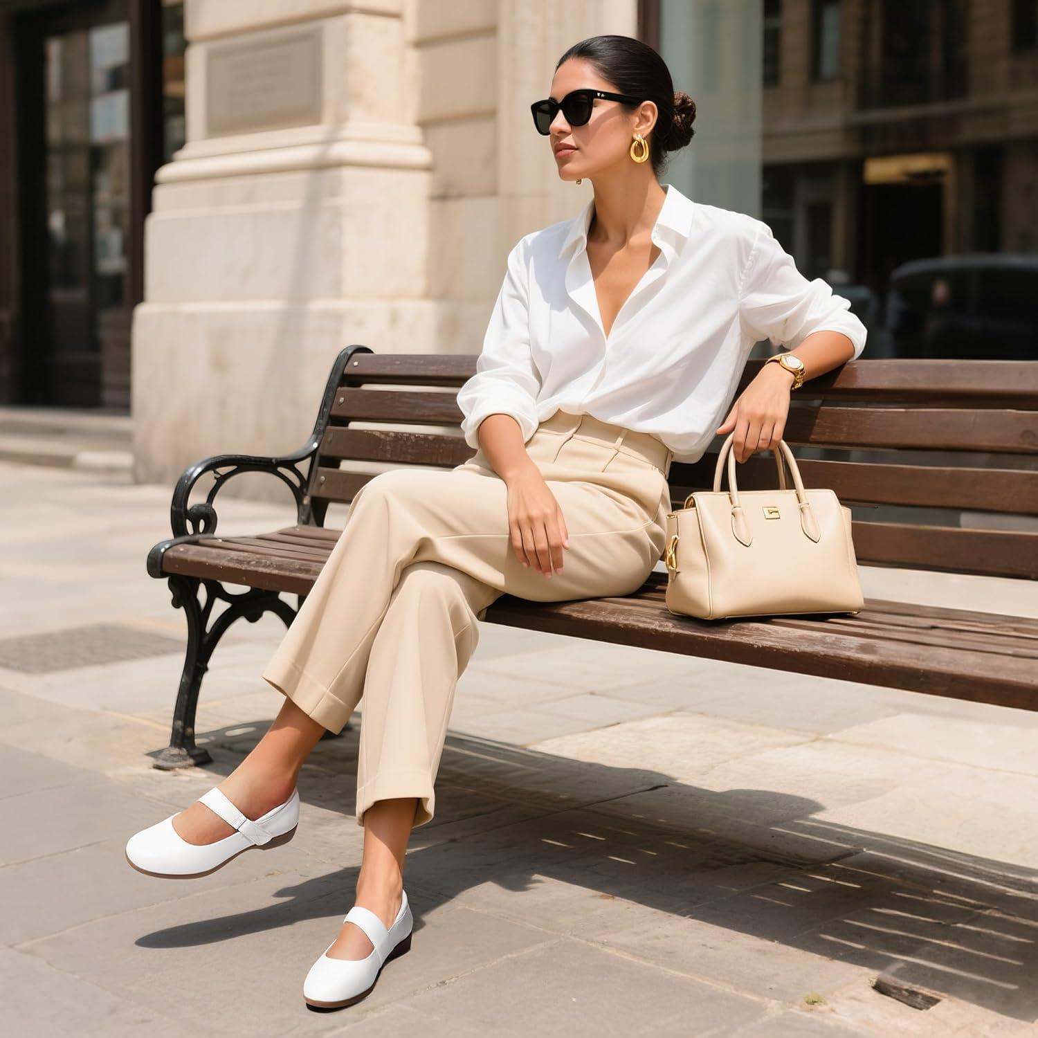 imageDREAM PAIRS Womens Ballet Mary Jane Flats Comfortable Business Office Dress Shoes for Women Dressy and Work with Ankle StrapWhite