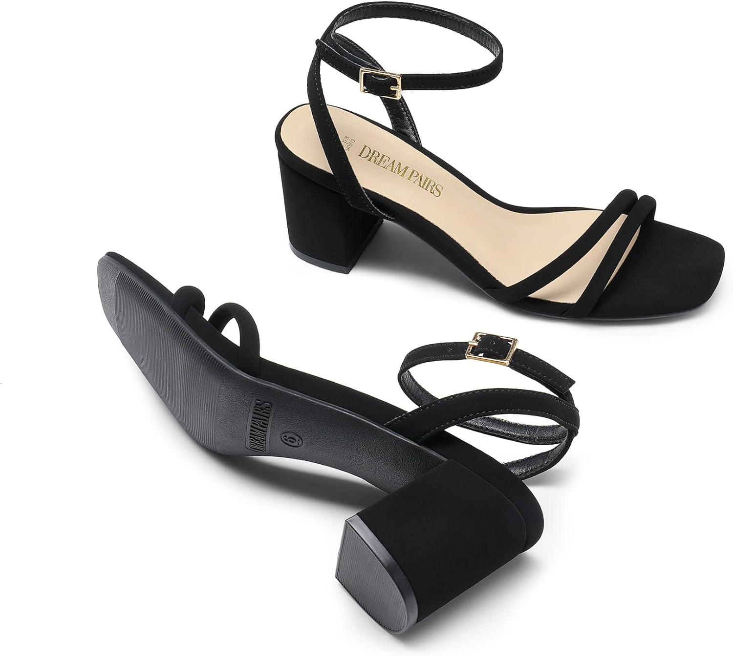 imageDREAM PAIRS Womens Chunky Strappy Heels Square Open Toe Ankle Buckle Low Heels Sandals for Daily Wedding Party DressBlack