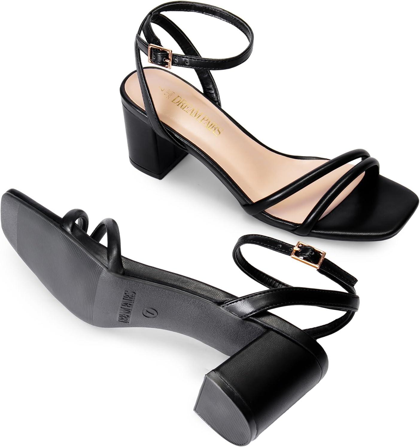 imageDREAM PAIRS Womens Chunky Strappy Heels Square Open Toe Ankle Buckle Low Heels Sandals for Daily Wedding Party DressBlackpu
