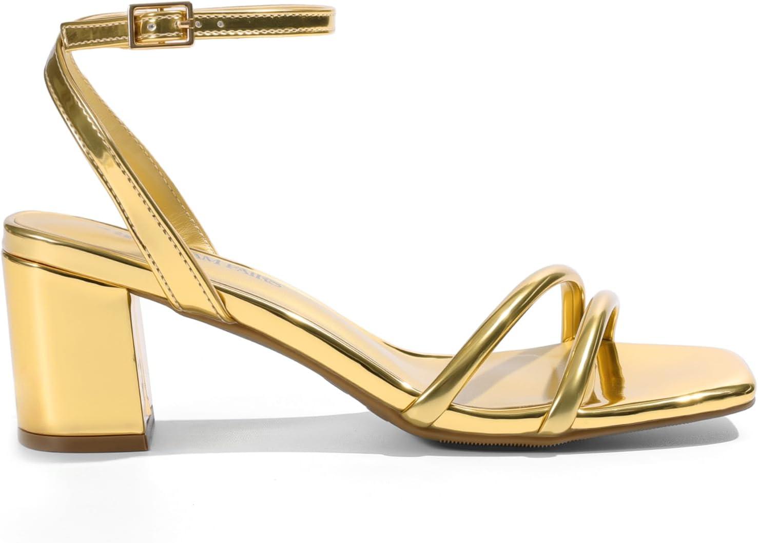 imageDREAM PAIRS Womens Chunky Strappy Heels Square Open Toe Ankle Buckle Low Heels Sandals for Daily Wedding Party DressGold