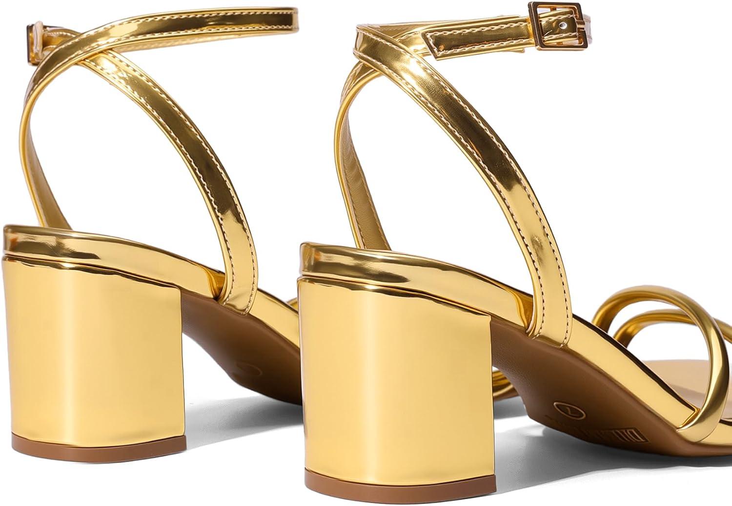 imageDREAM PAIRS Womens Chunky Strappy Heels Square Open Toe Ankle Buckle Low Heels Sandals for Daily Wedding Party DressGold