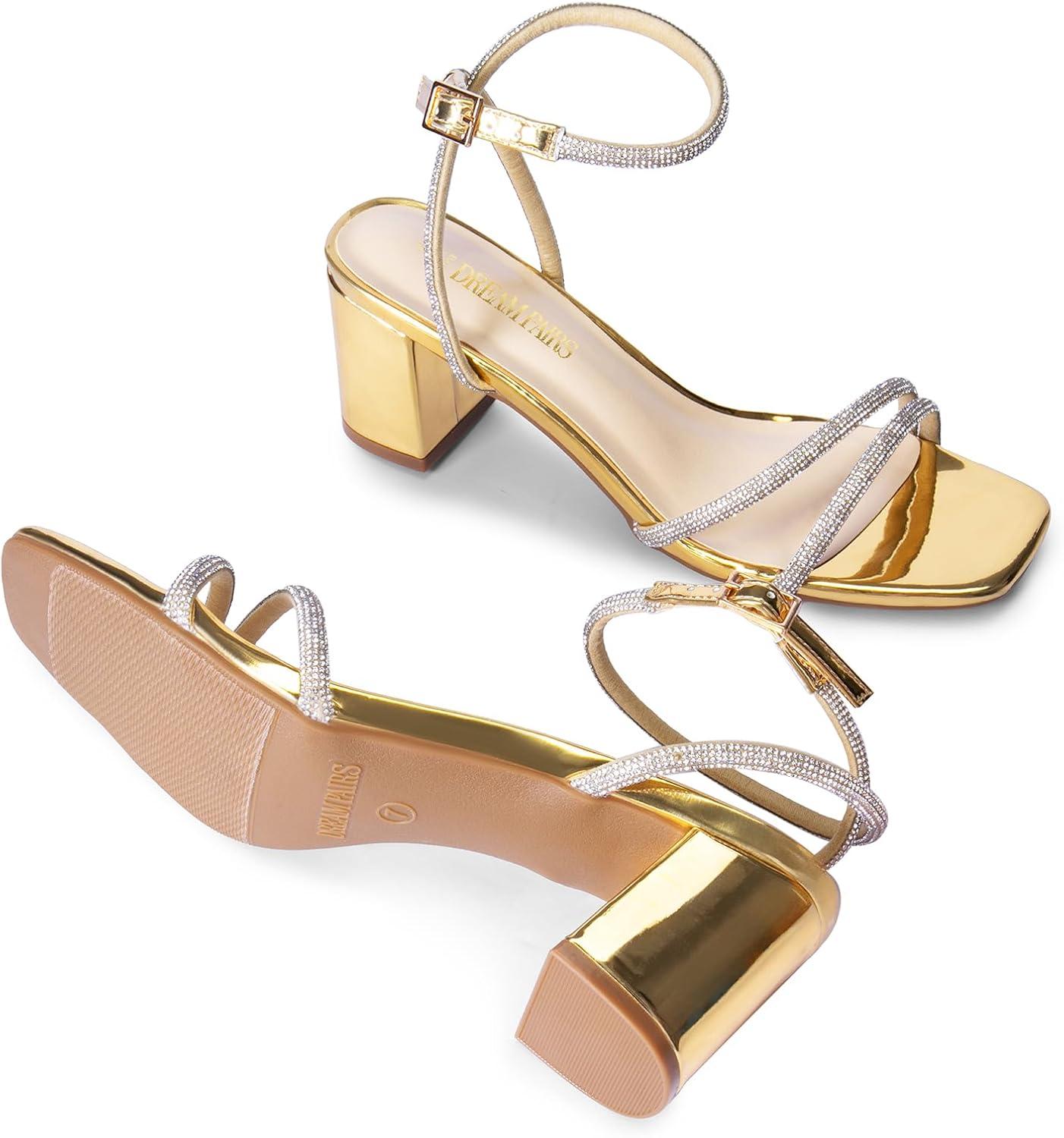 imageDREAM PAIRS Womens Chunky Strappy Heels Square Open Toe Ankle Buckle Low Heels Sandals for Daily Wedding Party DressGoldrhinestone