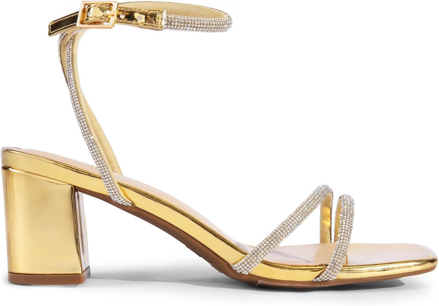 imageDREAM PAIRS Womens Chunky Strappy Heels Square Open Toe Ankle Buckle Low Heels Sandals for Daily Wedding Party DressGoldrhinestone