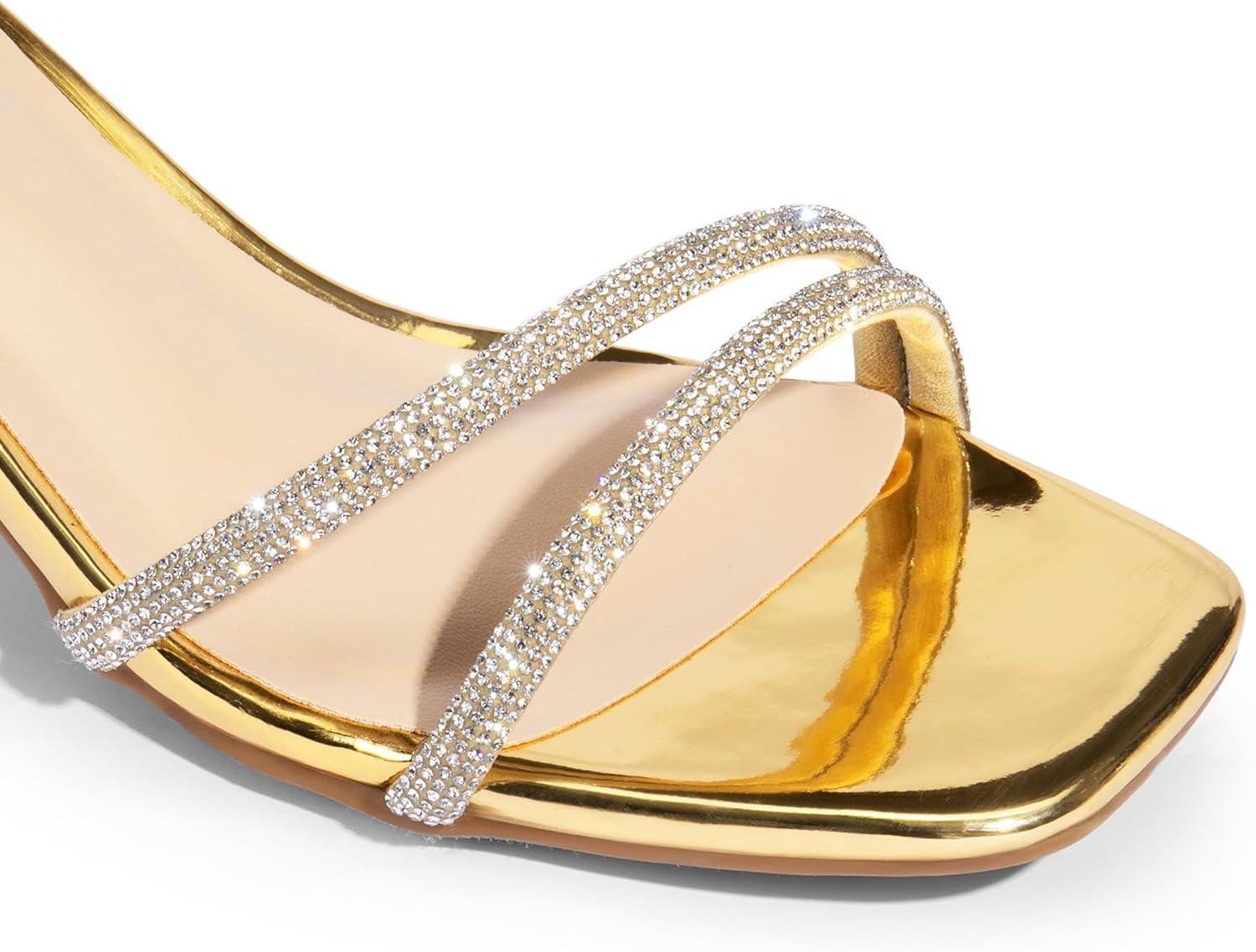 imageDREAM PAIRS Womens Chunky Strappy Heels Square Open Toe Ankle Buckle Low Heels Sandals for Daily Wedding Party DressGoldrhinestone