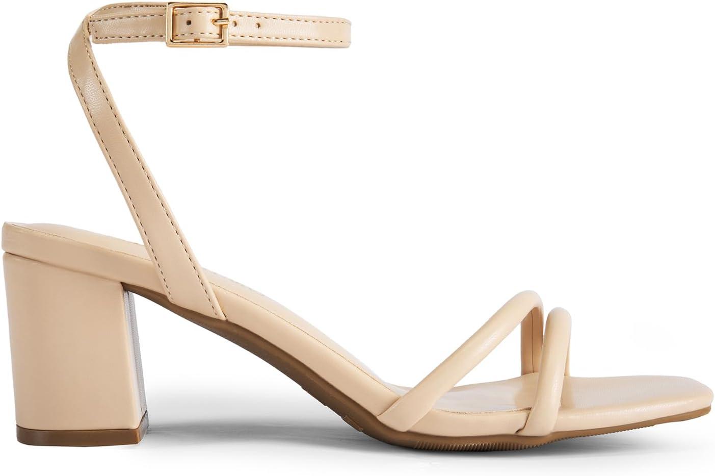 imageDREAM PAIRS Womens Chunky Strappy Heels Square Open Toe Ankle Buckle Low Heels Sandals for Daily Wedding Party DressNudepu