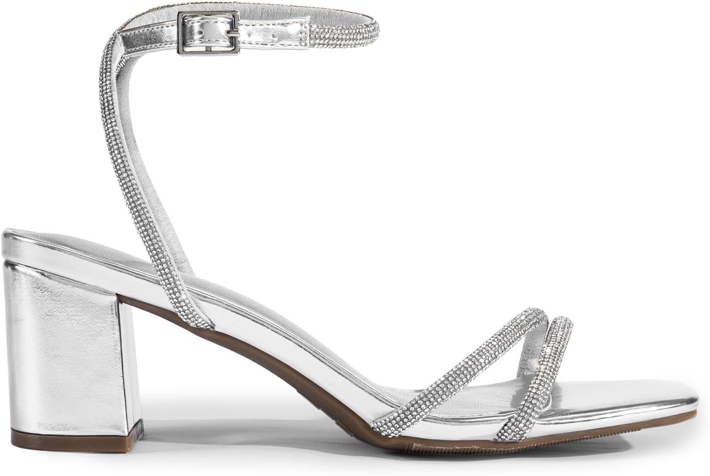 imageDREAM PAIRS Womens Chunky Strappy Heels Square Open Toe Ankle Buckle Low Heels Sandals for Daily Wedding Party DressSilverrhinestone