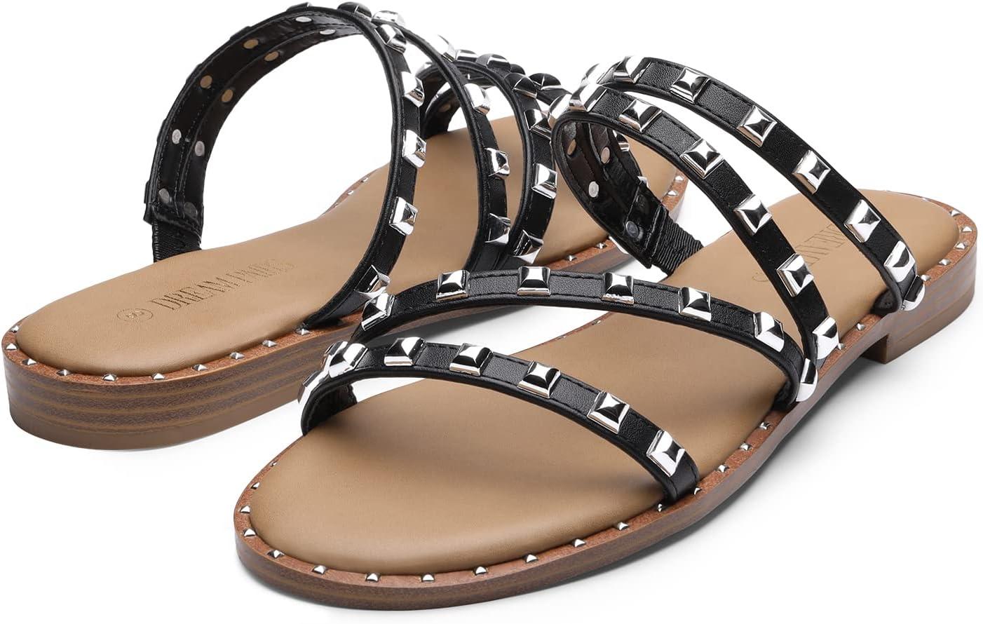 imageDREAM PAIRS Womens Clear Studded Rhinestone Slide Sandals Slip on Open Toe Cute Flat Sandals for SummerBlackPuRivet