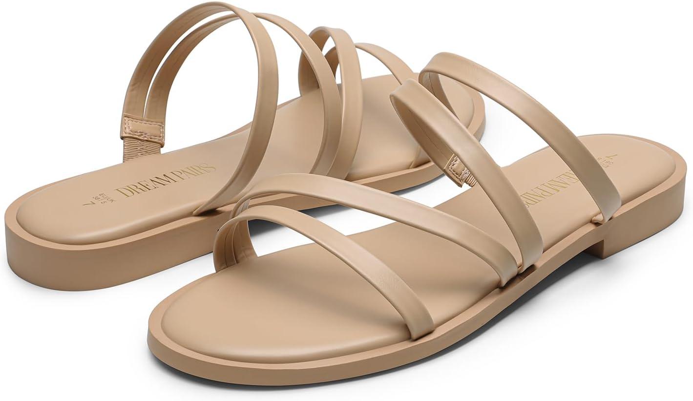 imageDREAM PAIRS Womens Clear Studded Rhinestone Slide Sandals Slip on Open Toe Cute Flat Sandals for SummerNudepu