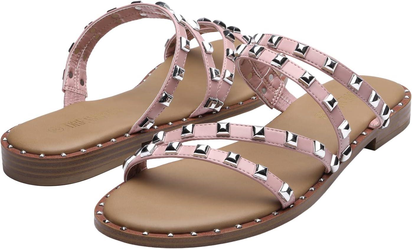 imageDREAM PAIRS Womens Clear Studded Rhinestone Slide Sandals Slip on Open Toe Cute Flat Sandals for SummerPinkpurivet