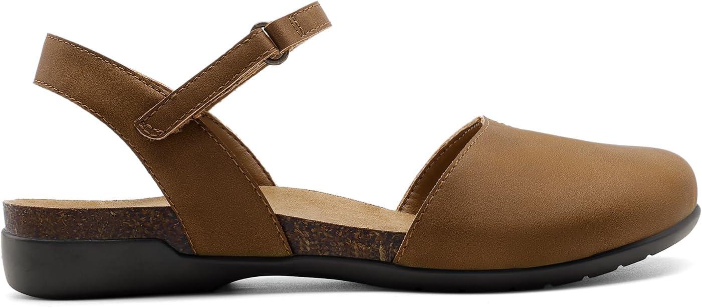 imageDREAM PAIRS Womens Closed Toe Sandals Arch Support Comfort Cork Footbed Flat Sandals Summer ShoesBrown