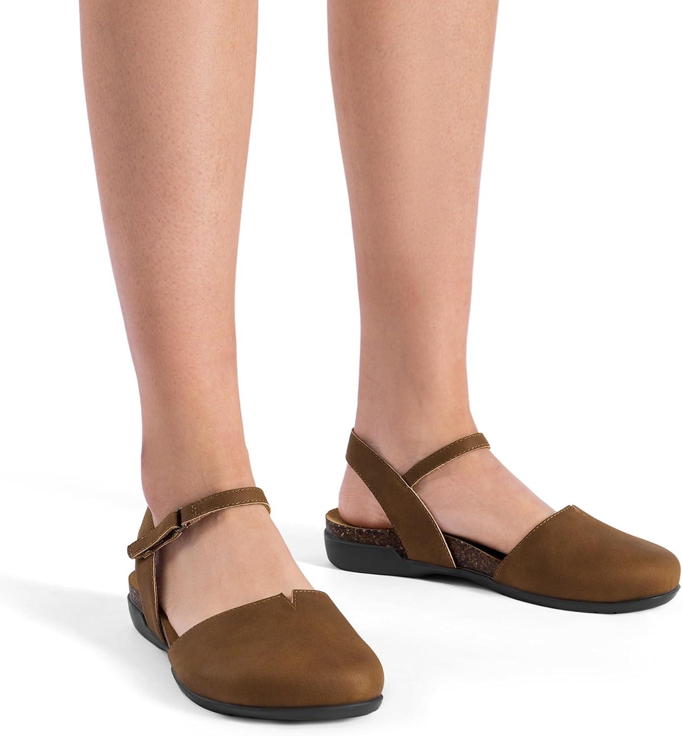 imageDREAM PAIRS Womens Closed Toe Sandals Arch Support Comfort Cork Footbed Flat Sandals Summer ShoesBrown