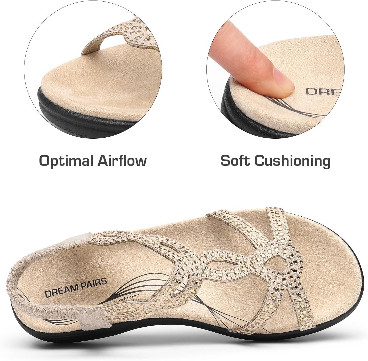 imageDREAM PAIRS Womens Comfort Dressy Rhinestone Summer Beach Sandals Slipon Flat Walking Orthopedic Sandals with Elastica Back StrapGold