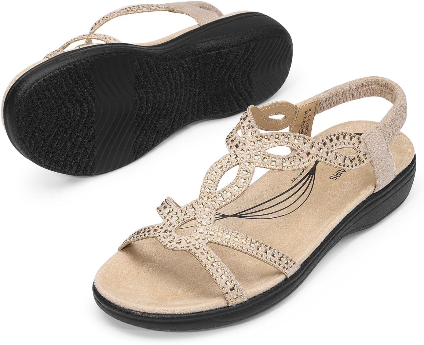 imageDREAM PAIRS Womens Comfort Dressy Rhinestone Summer Beach Sandals Slipon Flat Walking Orthopedic Sandals with Elastica Back StrapGold