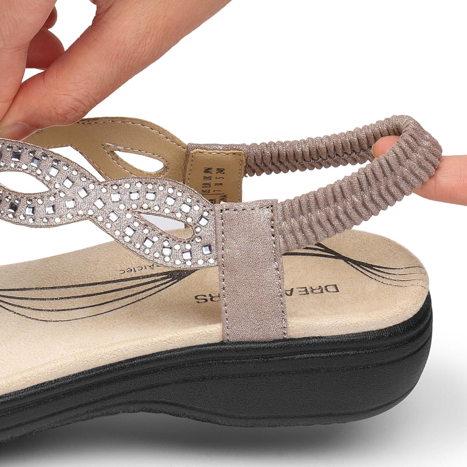 imageDREAM PAIRS Womens Comfort Dressy Rhinestone Summer Beach Sandals Slipon Flat Walking Orthopedic Sandals with Elastica Back StrapGrey