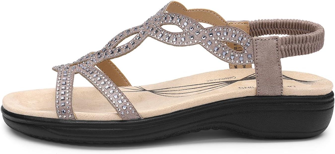 imageDREAM PAIRS Womens Comfort Dressy Rhinestone Summer Beach Sandals Slipon Flat Walking Orthopedic Sandals with Elastica Back StrapGrey