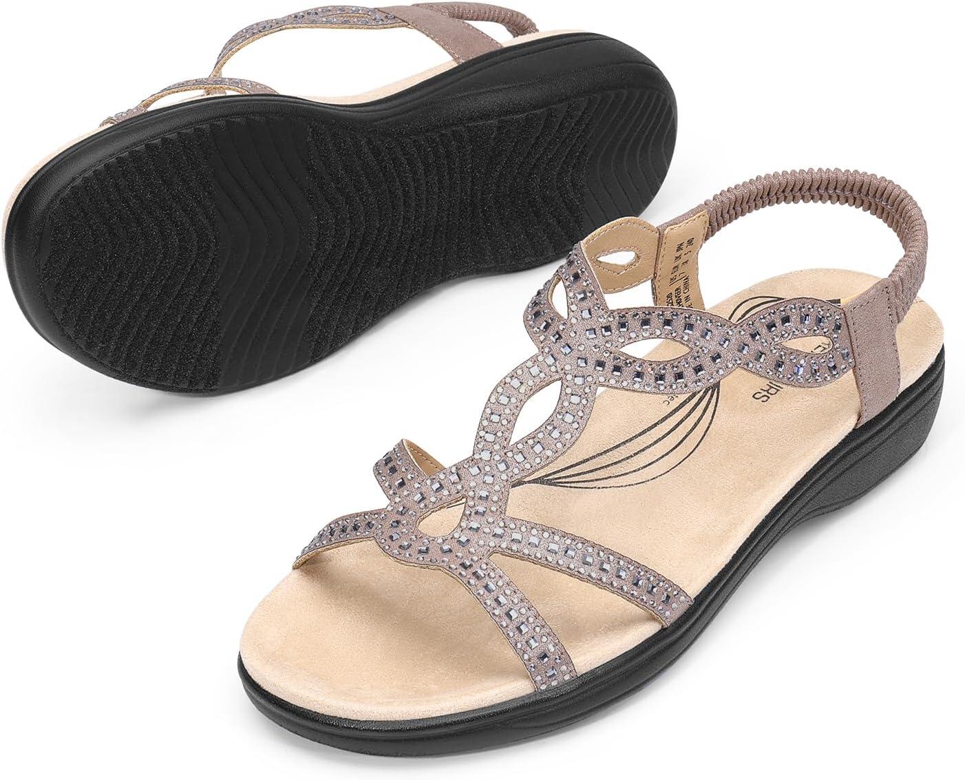 imageDREAM PAIRS Womens Comfort Dressy Rhinestone Summer Beach Sandals Slipon Flat Walking Orthopedic Sandals with Elastica Back StrapGrey