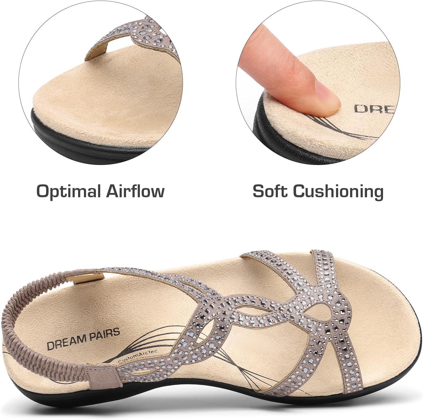 imageDREAM PAIRS Womens Comfort Dressy Rhinestone Summer Beach Sandals Slipon Flat Walking Orthopedic Sandals with Elastica Back StrapGrey
