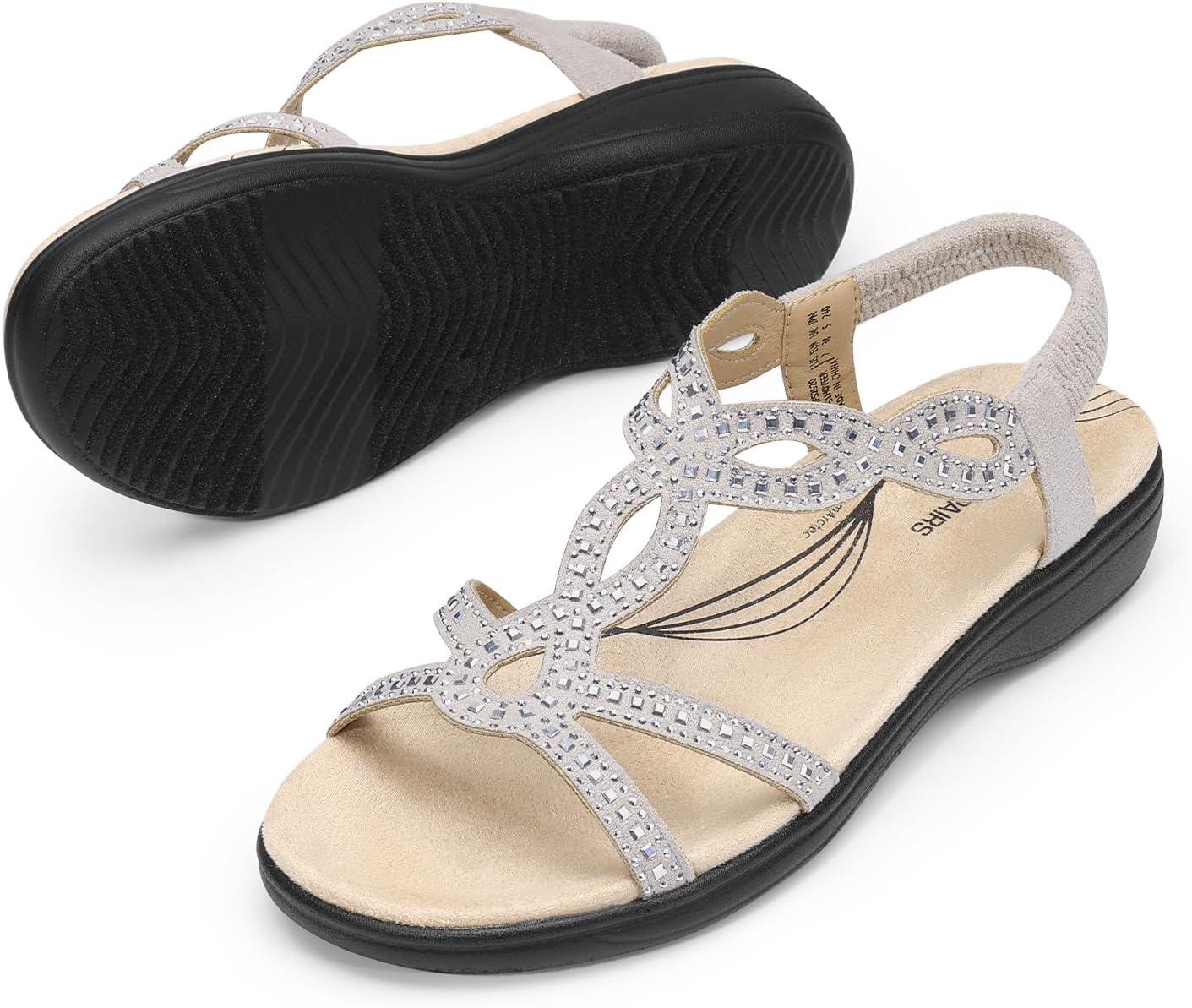 imageDREAM PAIRS Womens Comfort Dressy Rhinestone Summer Beach Sandals Slipon Flat Walking Orthopedic Sandals with Elastica Back StrapSilver