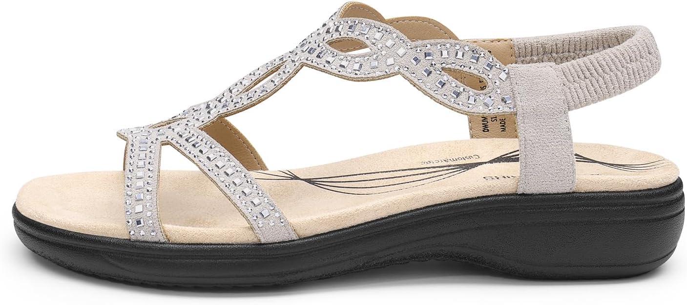 imageDREAM PAIRS Womens Comfort Dressy Rhinestone Summer Beach Sandals Slipon Flat Walking Orthopedic Sandals with Elastica Back StrapSilver
