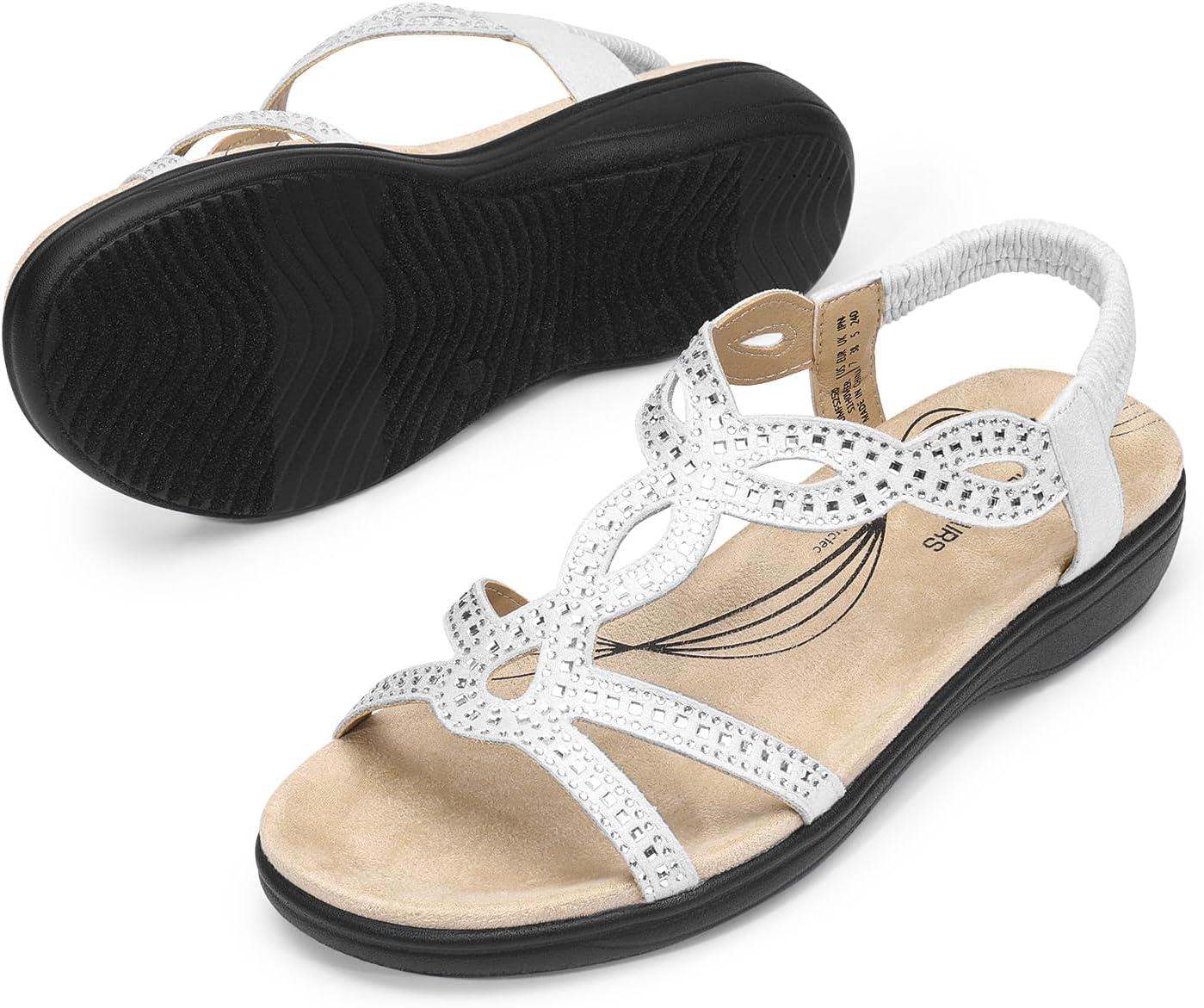 imageDREAM PAIRS Womens Comfort Dressy Rhinestone Summer Beach Sandals Slipon Flat Walking Orthopedic Sandals with Elastica Back StrapWhite