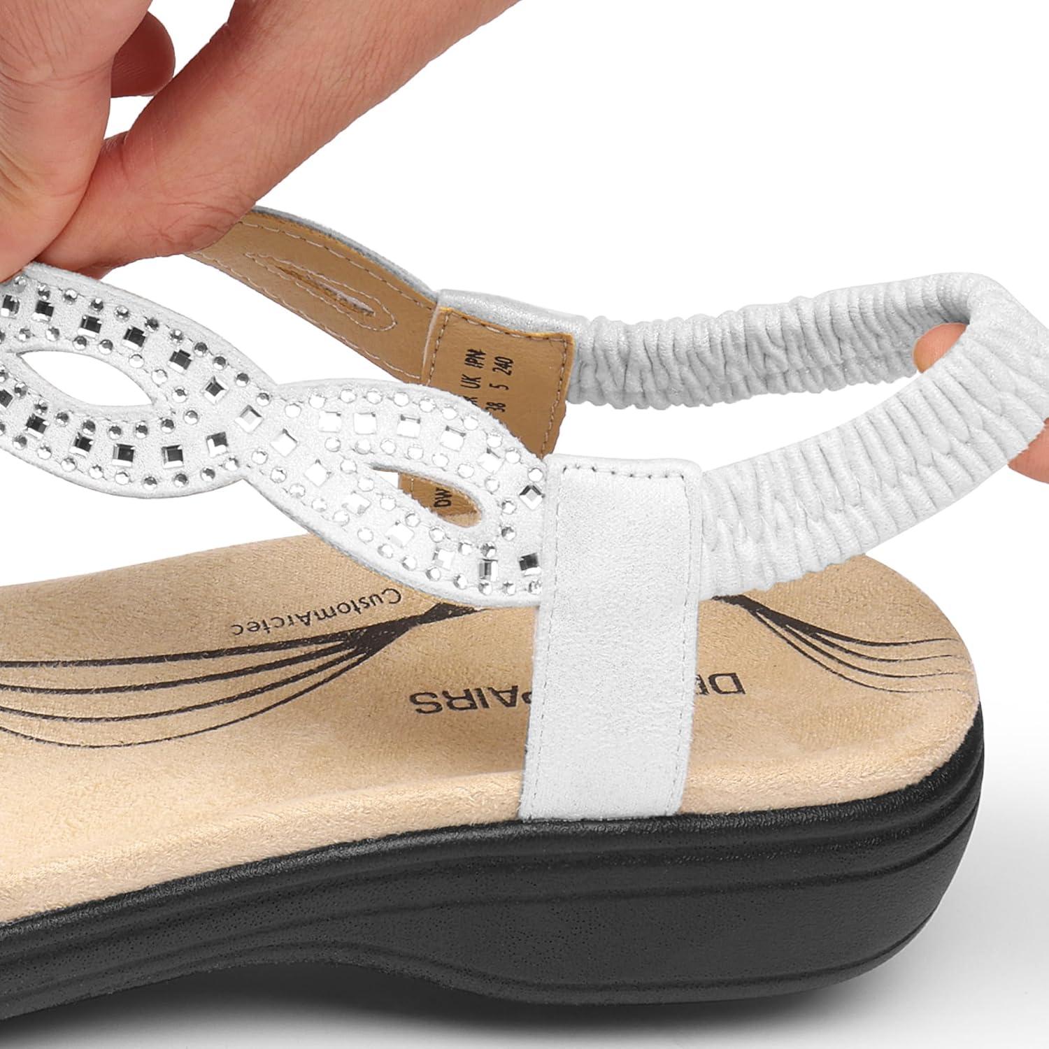 imageDREAM PAIRS Womens Comfort Dressy Rhinestone Summer Beach Sandals Slipon Flat Walking Orthopedic Sandals with Elastica Back StrapWhite