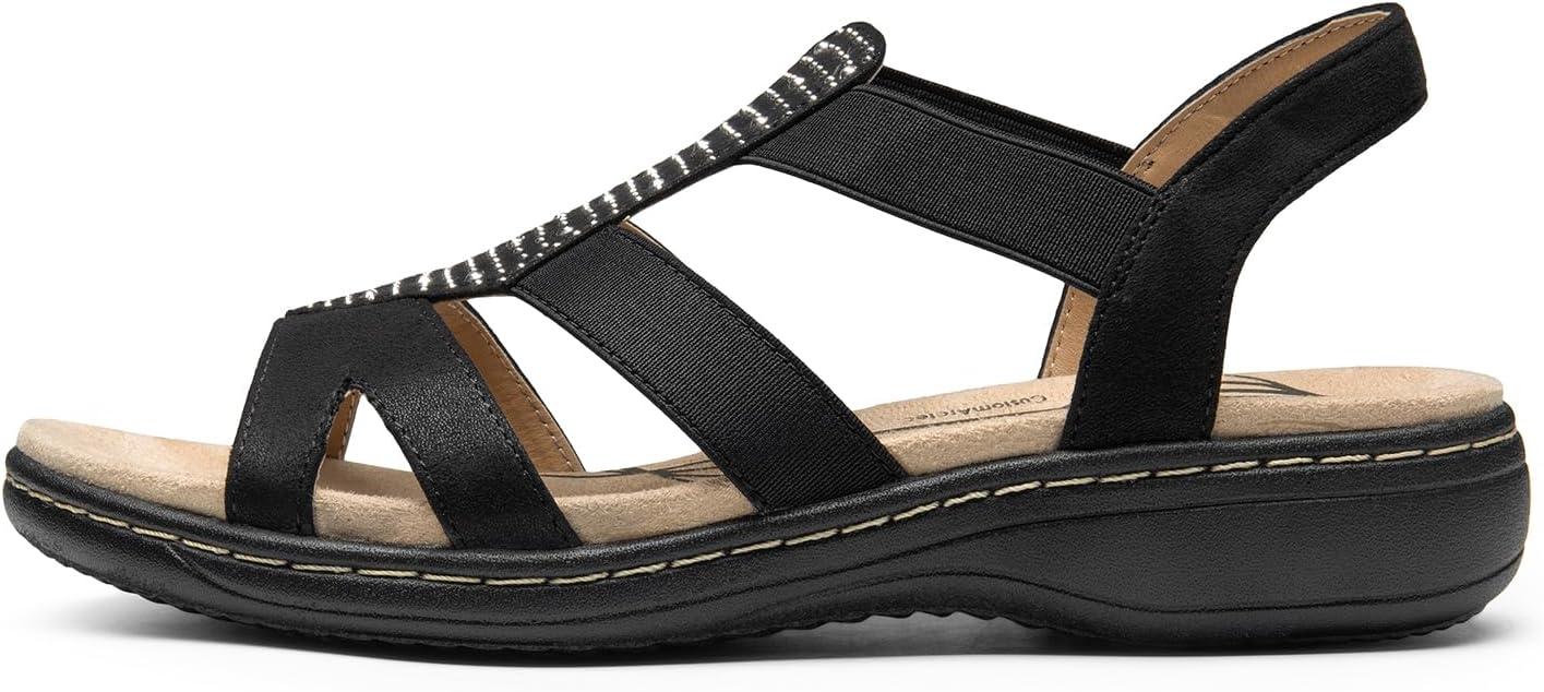 imageDREAM PAIRS Womens Comfortable Arch Support Dressy Flat Sandals Elastic Open Toe Walking Shoes for SummerBlack