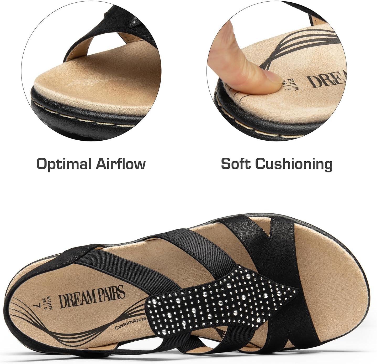 imageDREAM PAIRS Womens Comfortable Arch Support Dressy Flat Sandals Elastic Open Toe Walking Shoes for SummerBlack