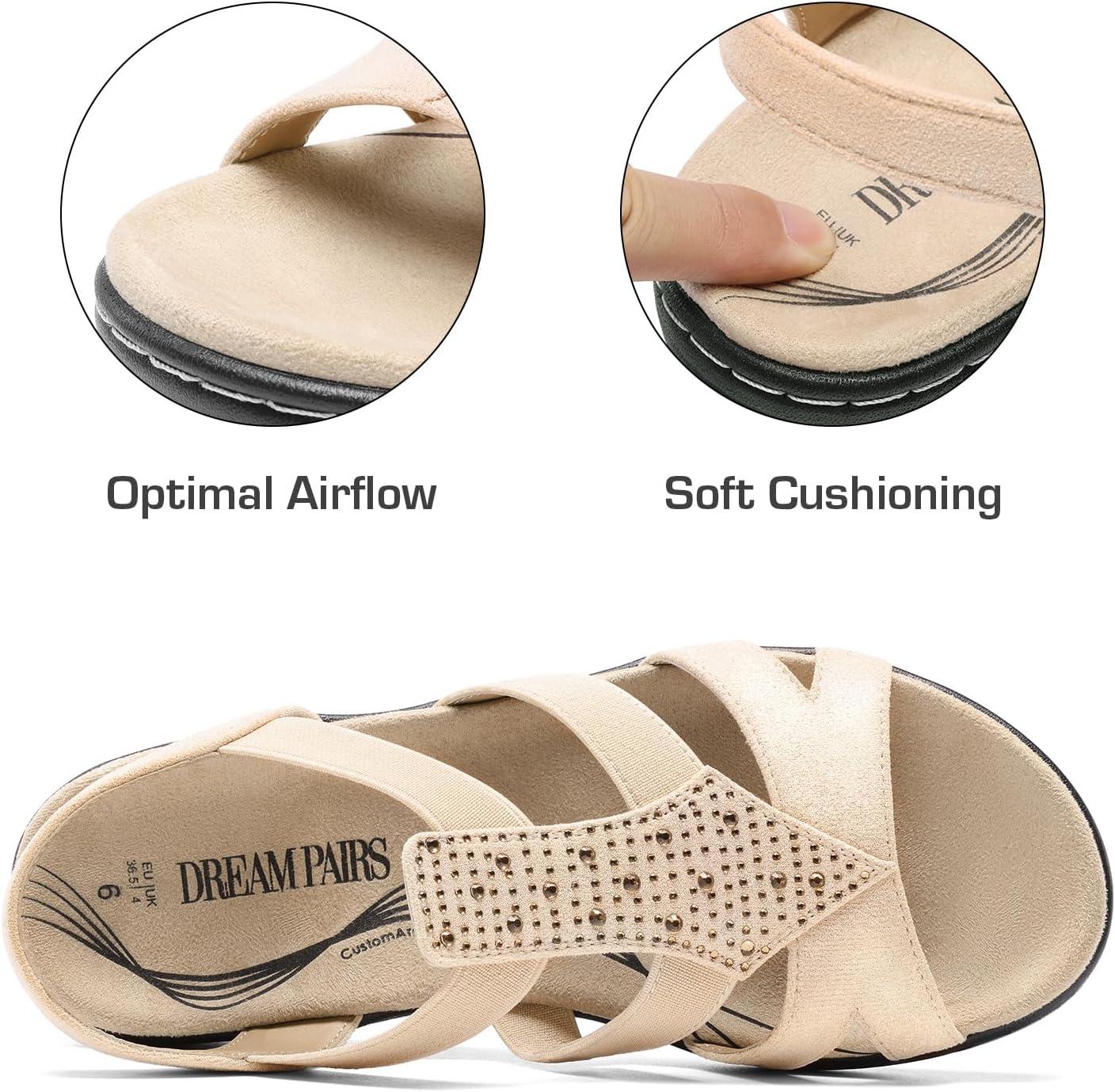 imageDREAM PAIRS Womens Comfortable Arch Support Dressy Flat Sandals Elastic Open Toe Walking Shoes for SummerGold