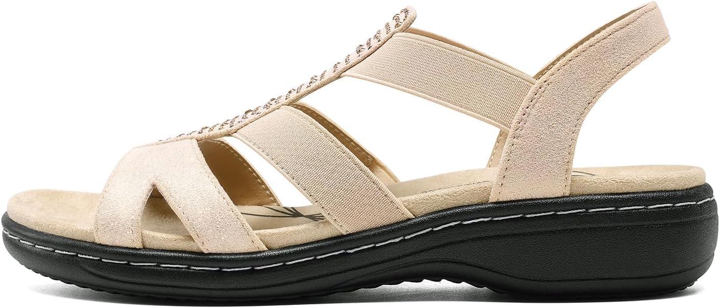 imageDREAM PAIRS Womens Comfortable Arch Support Dressy Flat Sandals Elastic Open Toe Walking Shoes for SummerGold