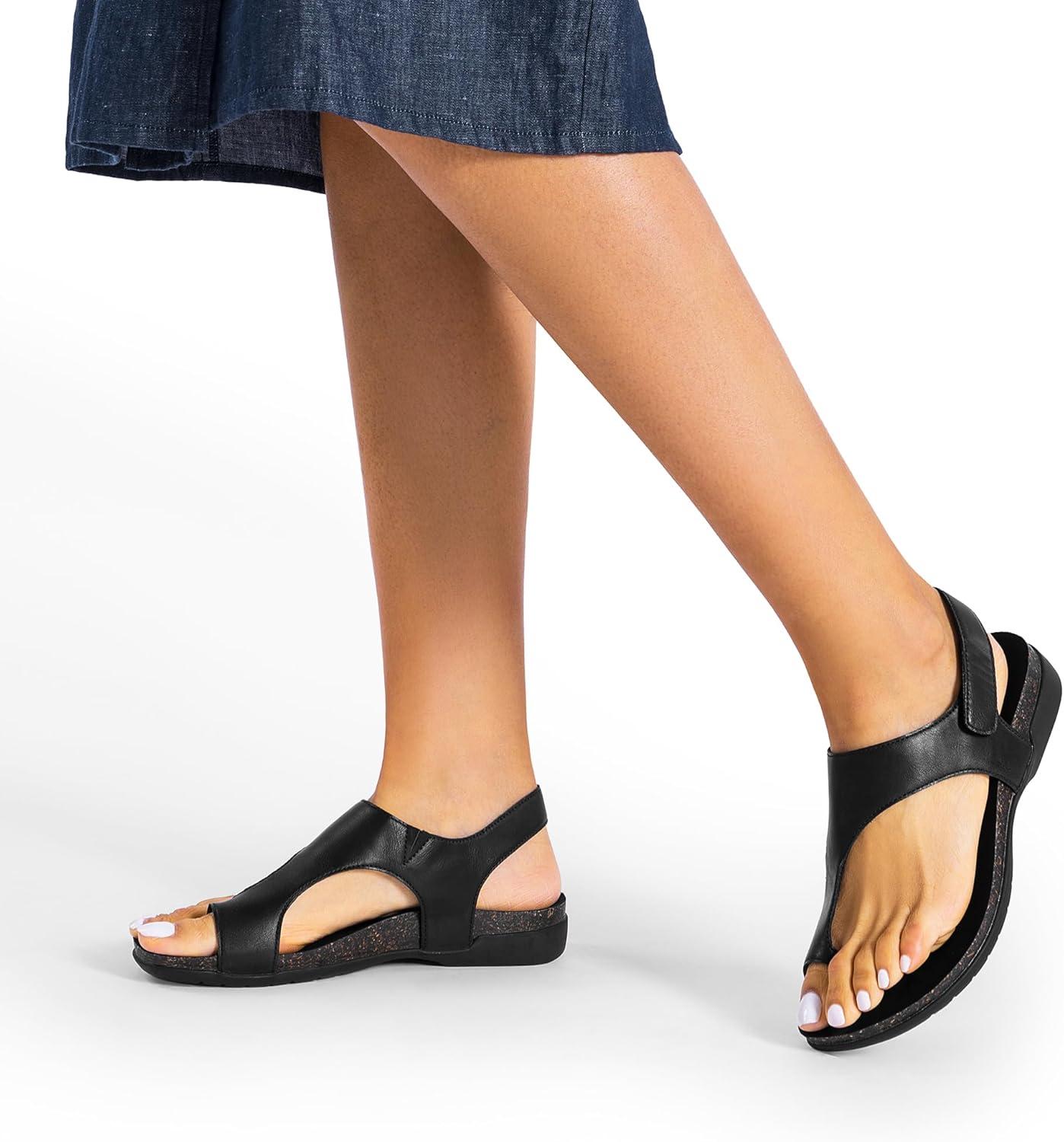 imageDREAM PAIRS Womens Comfortable Cork Footbed Arch Support Sandals Casual to Dressy Thong Walking Flat Sandals for SummerAll Black