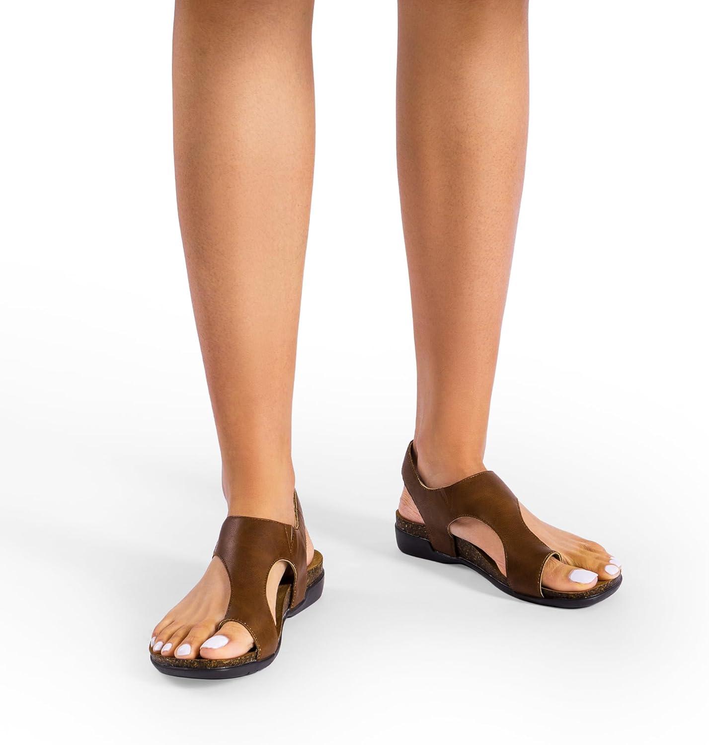 imageDREAM PAIRS Womens Comfortable Cork Footbed Arch Support Sandals Casual to Dressy Thong Walking Flat Sandals for SummerBrown