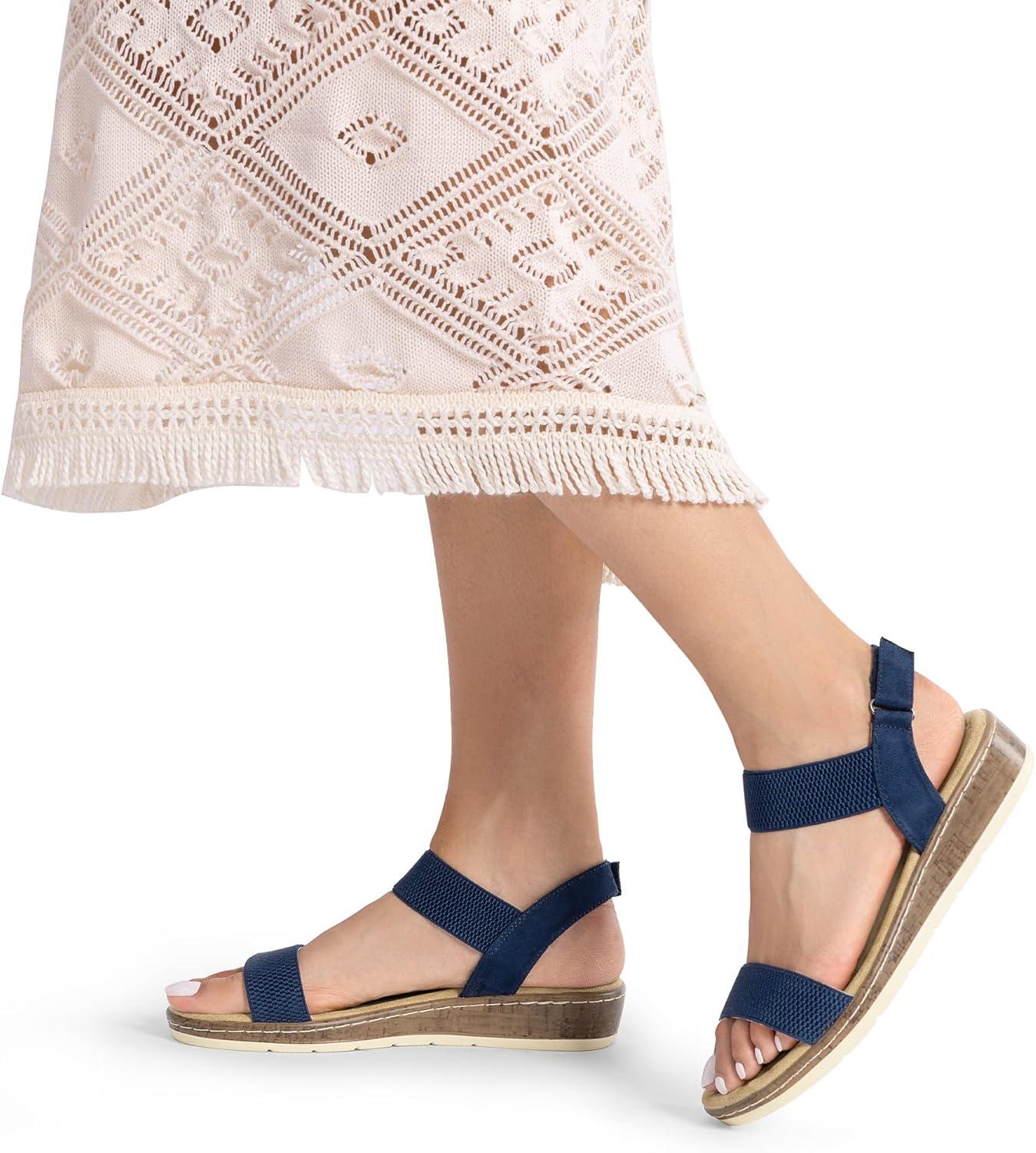 imageDREAM PAIRS Womens Comfortable Dressy Cork Low Wedge Heels Cute Summer One Band Casual Flat Sandals with Adjustable Ankle StrapNavy